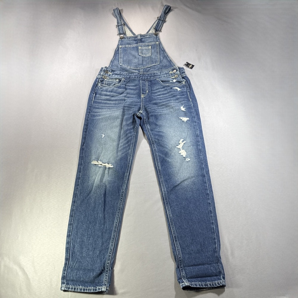 Hollister Distressed Denim Overalls Small Medium Wash Ripped Bib Jeans 355-553